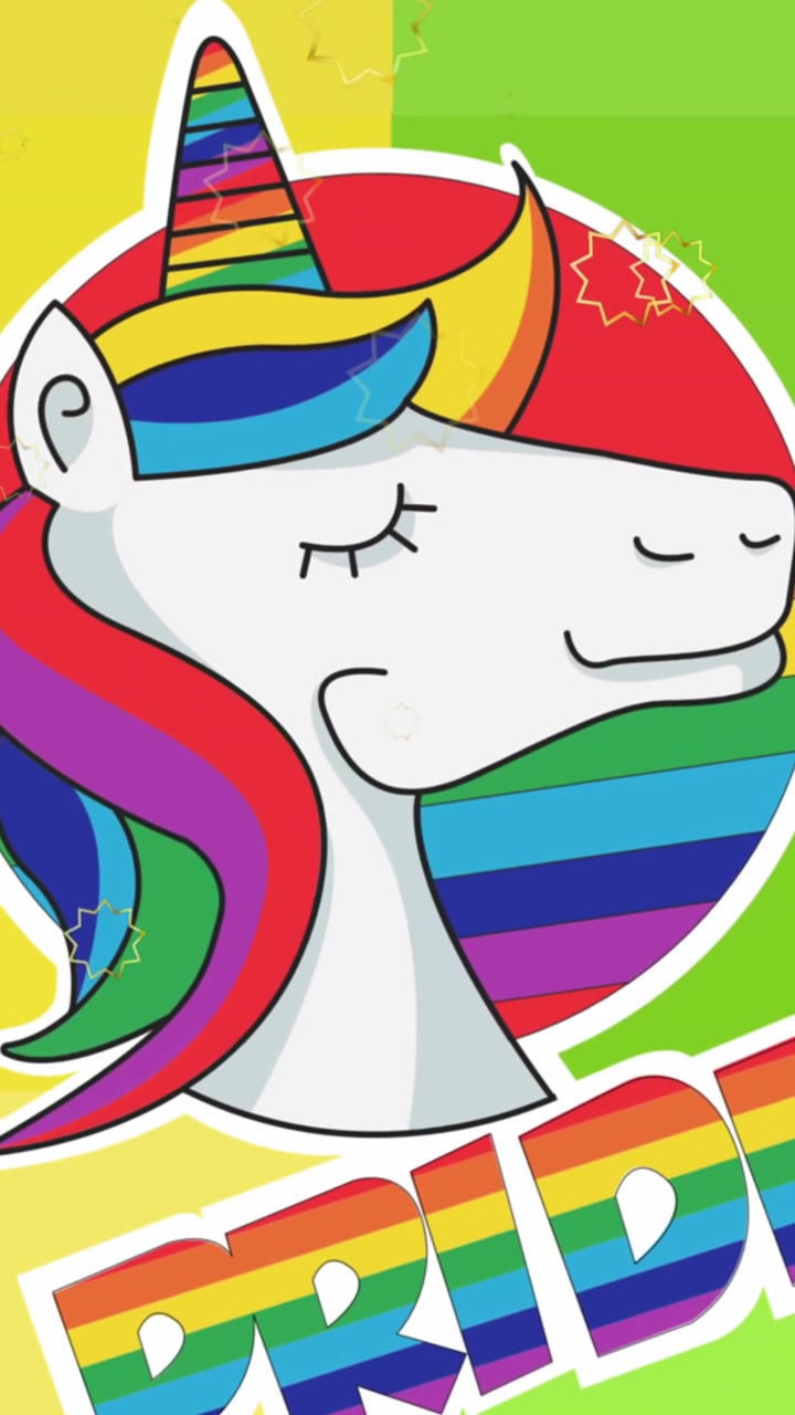 Animation of pride lgbtq text, unicorn and stars falling over rainbow background