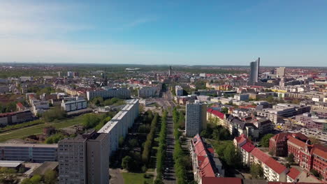 Panoramic-view-of-alley-in-Leipzig-with-the-MDR-tower-and-inner-city-in-the-background