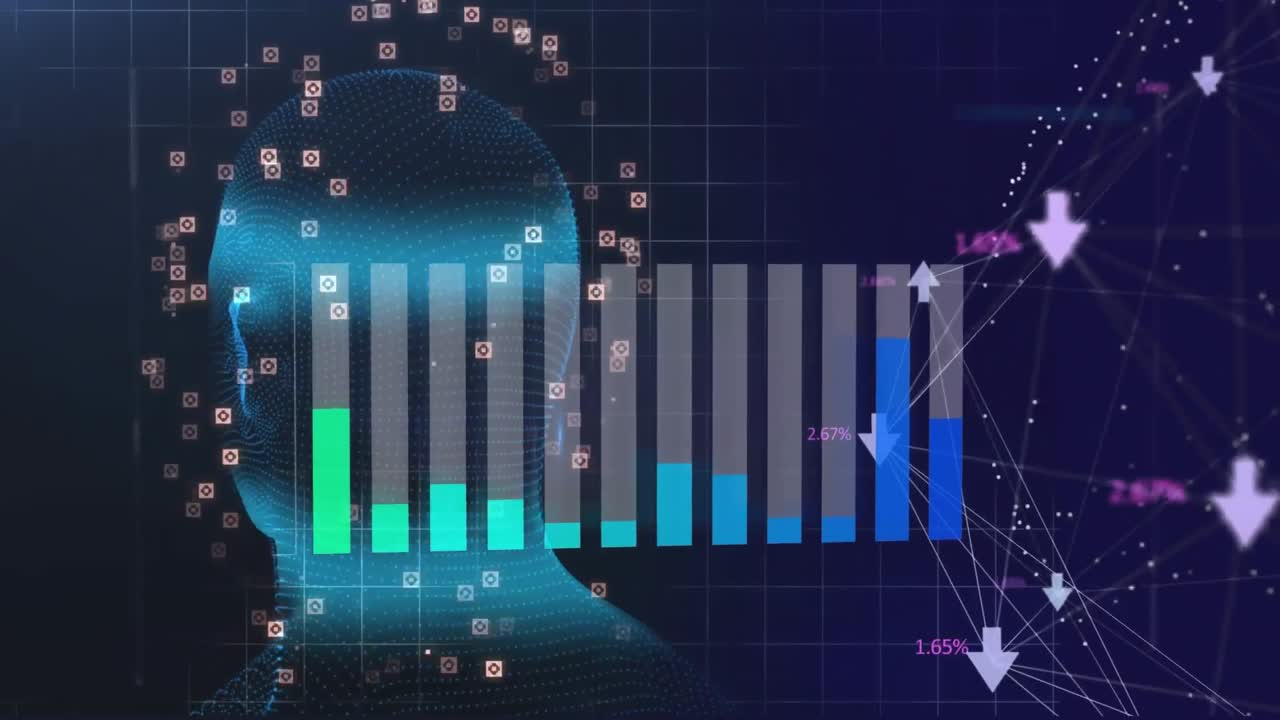 animación del procesamiento de datos estadísticos sobre un modelo de cabeza humana giratoria y un globo de íconos digitales