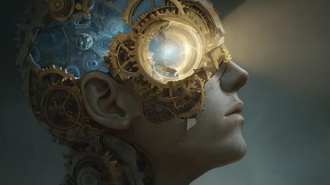 An Intricate Representation of a Mechanically Enhanced Human Face, Blending Organic Features with Steampunk Elements, Showcasing a Mystical Light Emanating from Gears and Cogs in the Forehead Region