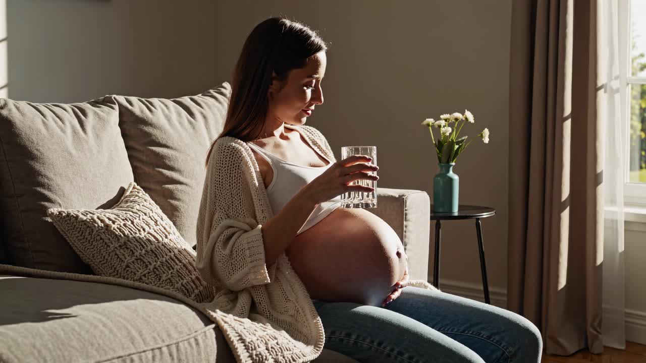 Pregnant woman drinking water on a couch