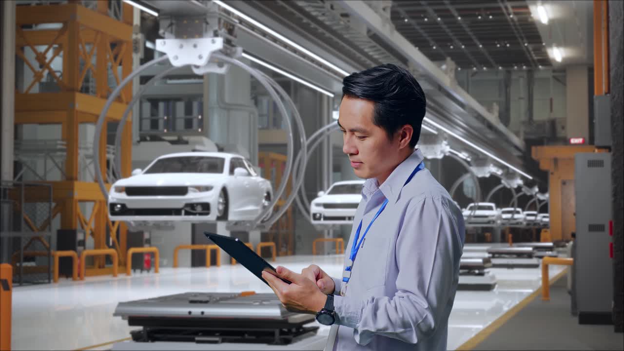 에브 자동차 공장, 하이테크 산업 시설에서 태블릿과 함께 서서 명상으로 태블릿을 확인하는 아시아 남성 전문 노동자의 측면 시각