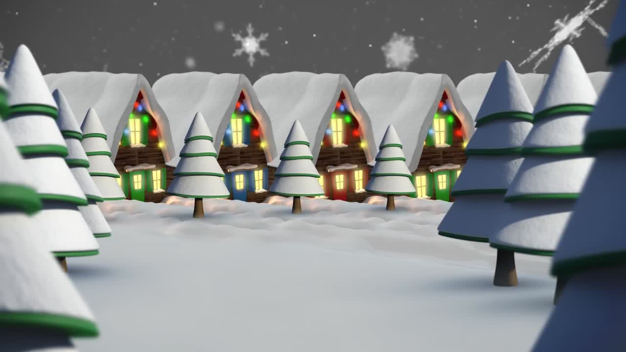 요정의 불빛으로 집 위에 내리는 눈의 애니메이션