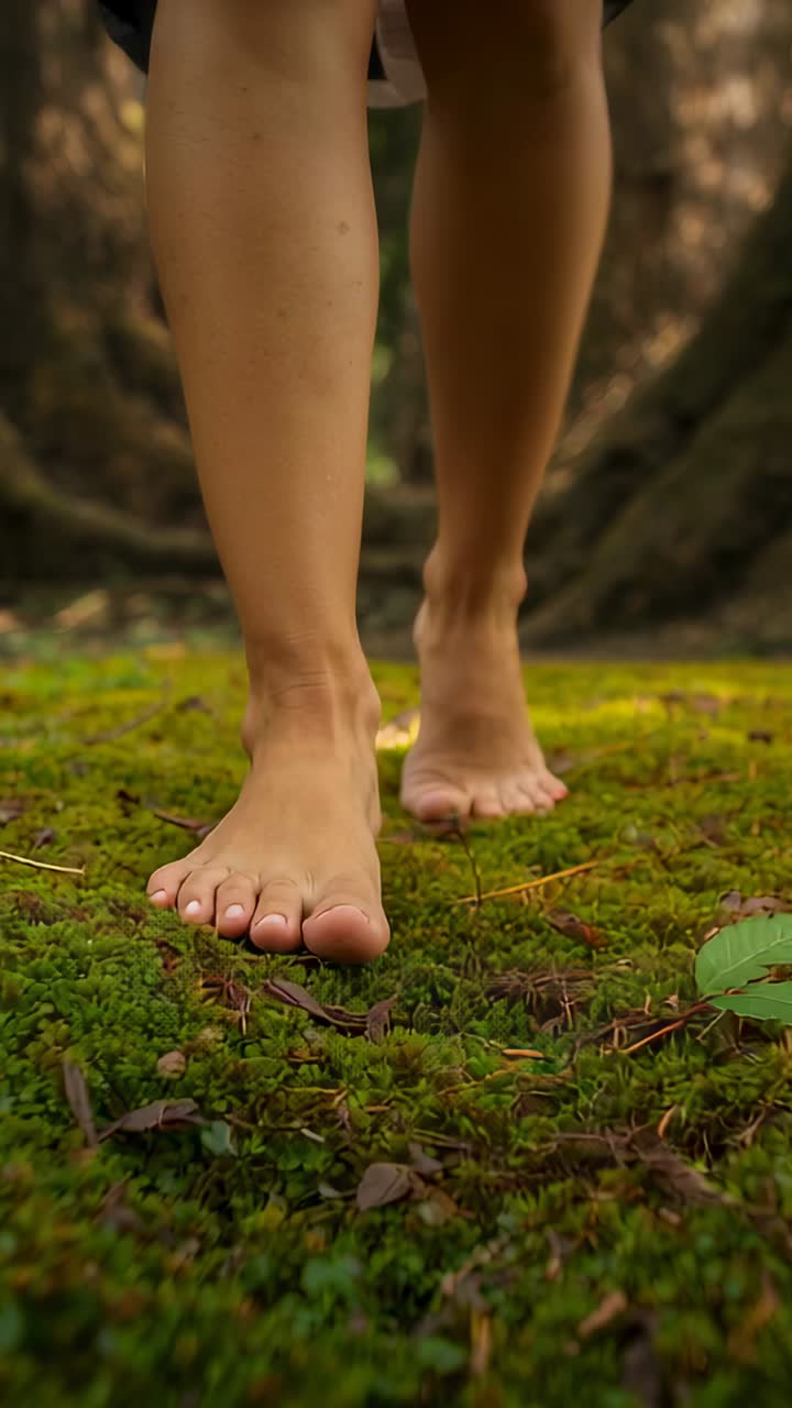 Vertical video: Walking woman stepping barefoot across moss in forest clearing, showing skirt hem