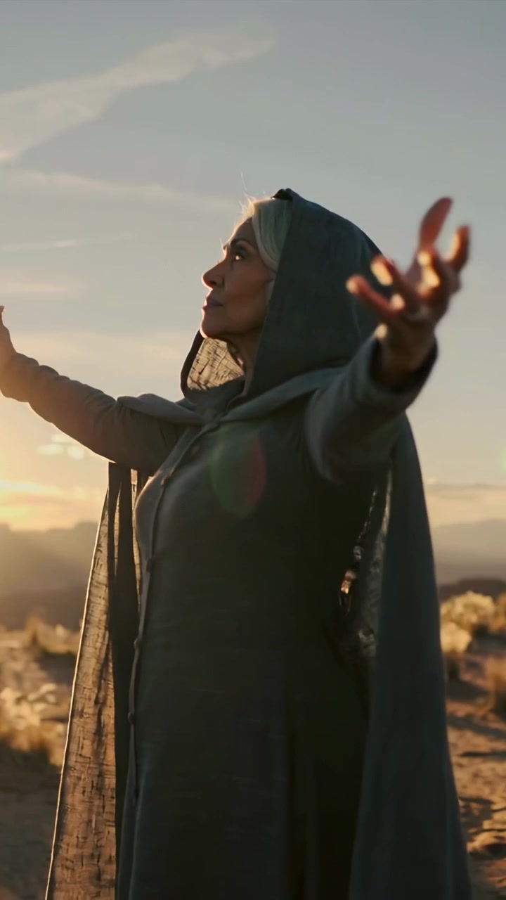 Video verticale: In risposta al tramonto, donna incappucciata che alza le braccia nel deserto, con occhi luminosi e mantello.