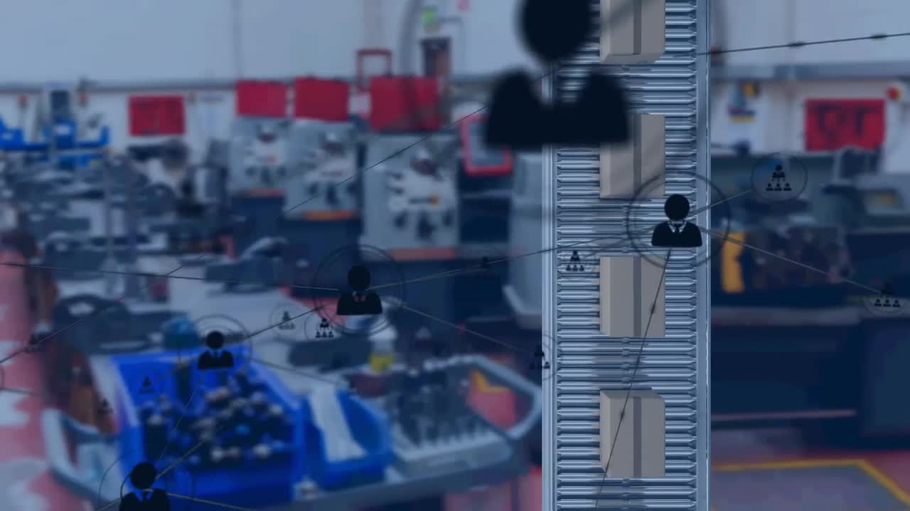 창고의 컨베이어 벨트에 있는 상자 위의 연결 네트워크와 아이콘의 애니메이션