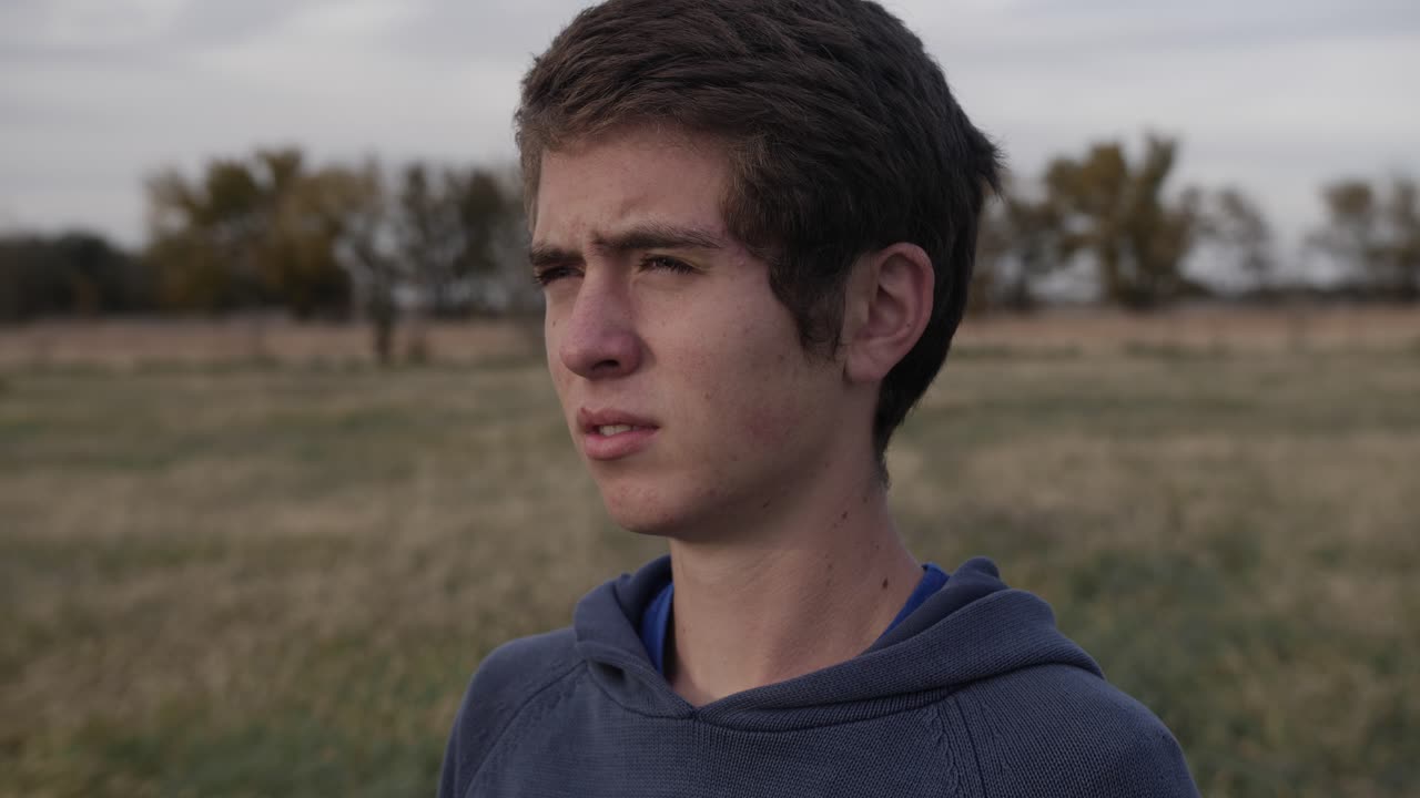 un joven adolescente con cabello oscuro y un suéter azul se para en un campo con aspecto serio mientras observa la puesta de sol sobre un campo de trigo de kansas