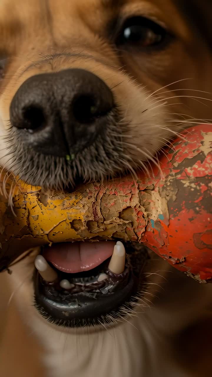 Vertikales Video: Eine Nahaufnahme zeigt einen braun-weißen Hund, der zu Hause ein abgenutztes Kauspielzeug hält und darauf kaut.