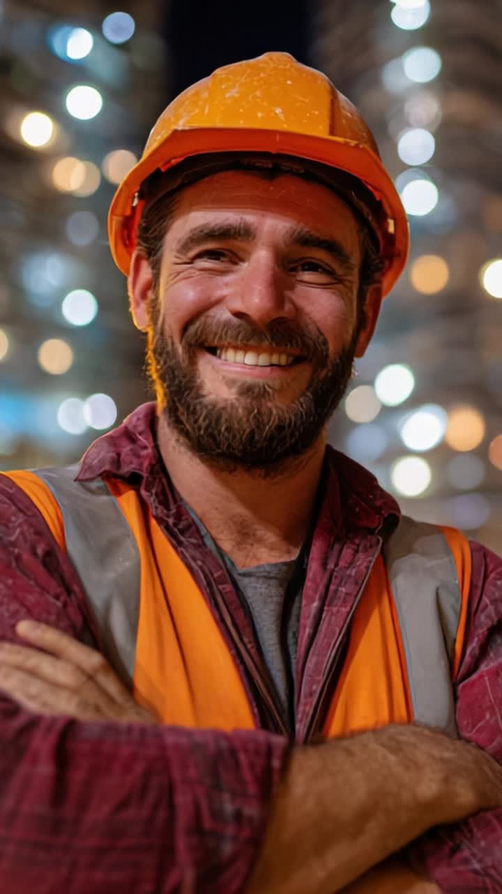 A Confident Construction Worker Smiles Under City Lights, Showcasing Hard Work and Dedication to Safety in a Vibrant Urban Environment