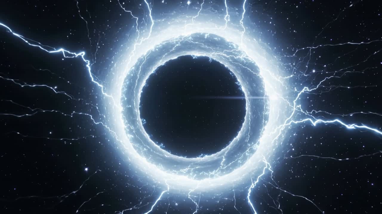 Un anello luminoso si forma attorno a un vuoto oscuro che si illumina nello spazio, emettendo scariche radiali e un bagliore dell'obiettivo.