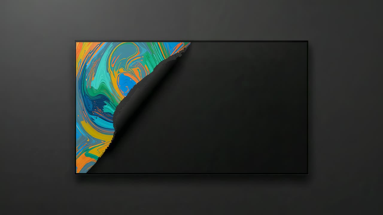 Peeling wall-mounted panel on matte wall, curled cover lifting and unrolling to reveal marbled art