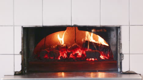 close up of wood burning in the clay oven at an artisan bakery, front view