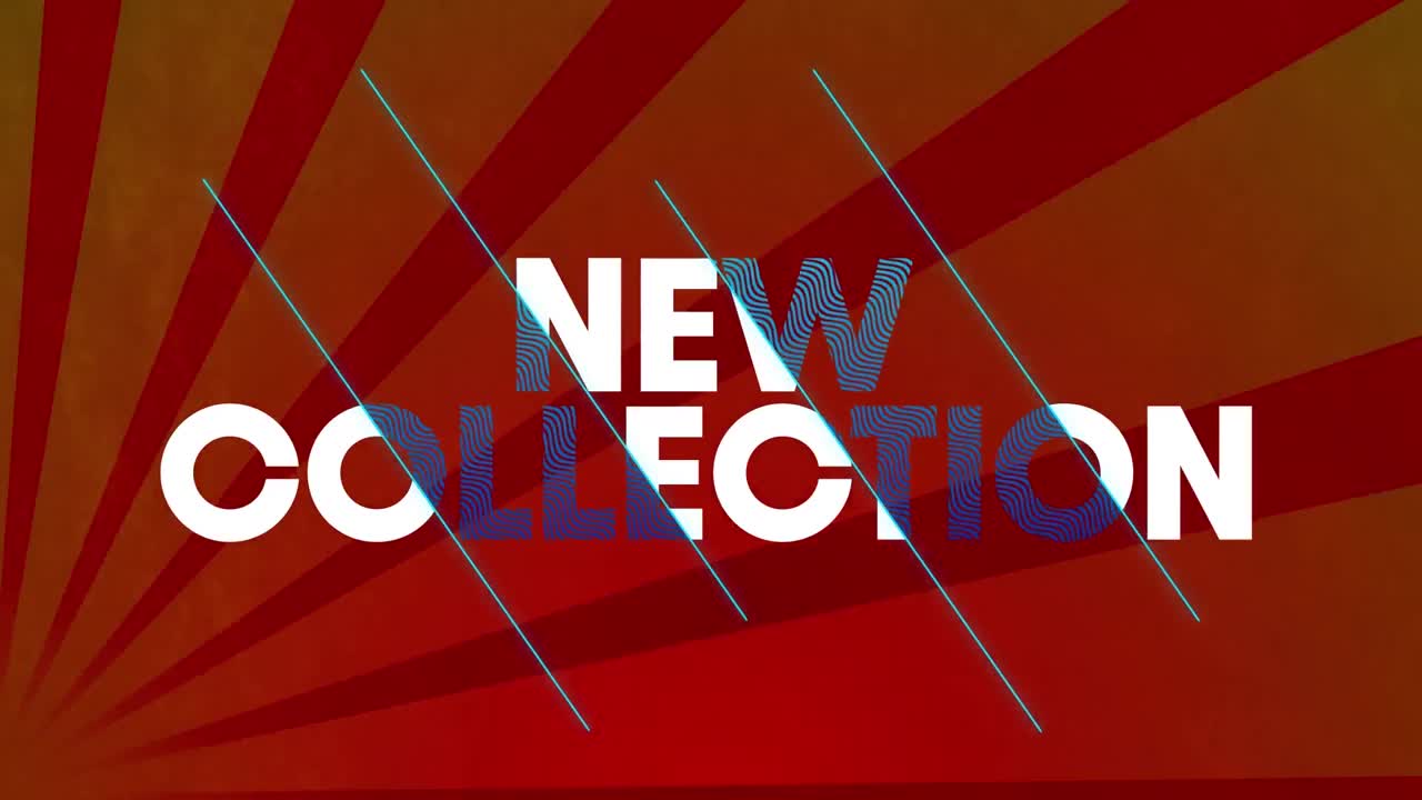 회전하는 방사선 적색 줄무 ⁇  위에  ⁇ 색과 파란색 텍스트로 새로운 컬렉션의 애니메이션