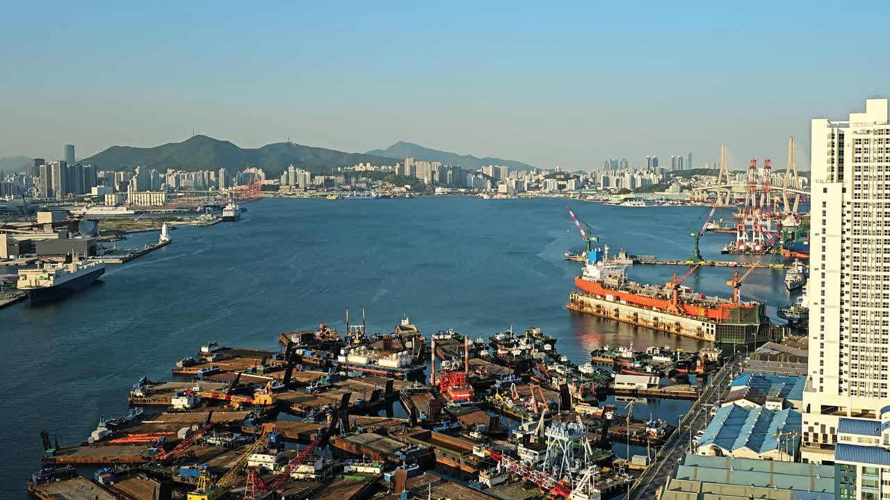 Vast scale of maritime commerce, this elevated wide shot shows a busy Busan Port with numerous ships, prominent cranes, and the city stretching towards distant mountains in South Korea