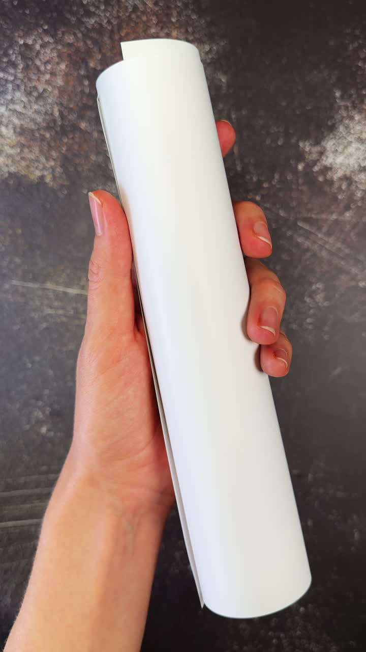 Mani femminili che reggono un tubo giallo contenente un foglio. Una persona estrae il documento, lo srotola e rivela un testo con immagini di banconote da un dollaro. Video verticale.