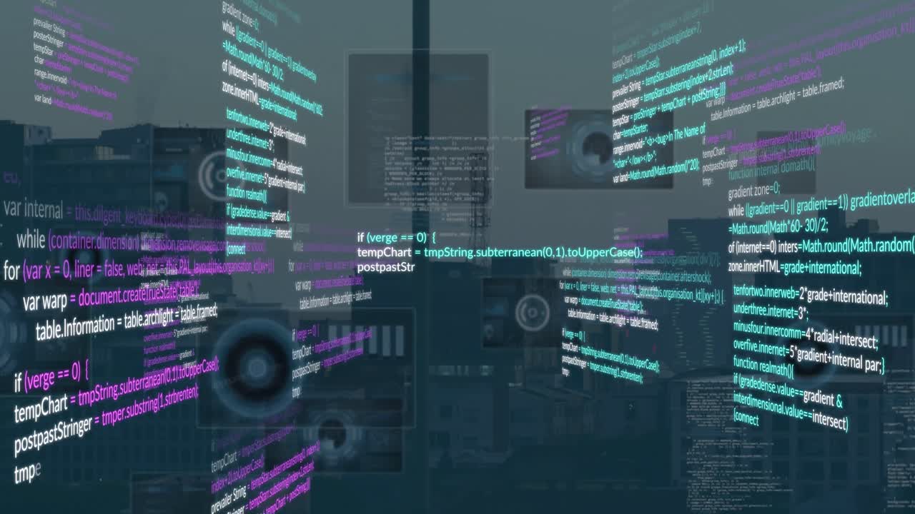 도시 풍경 위의 데이터 처리 애니메이션