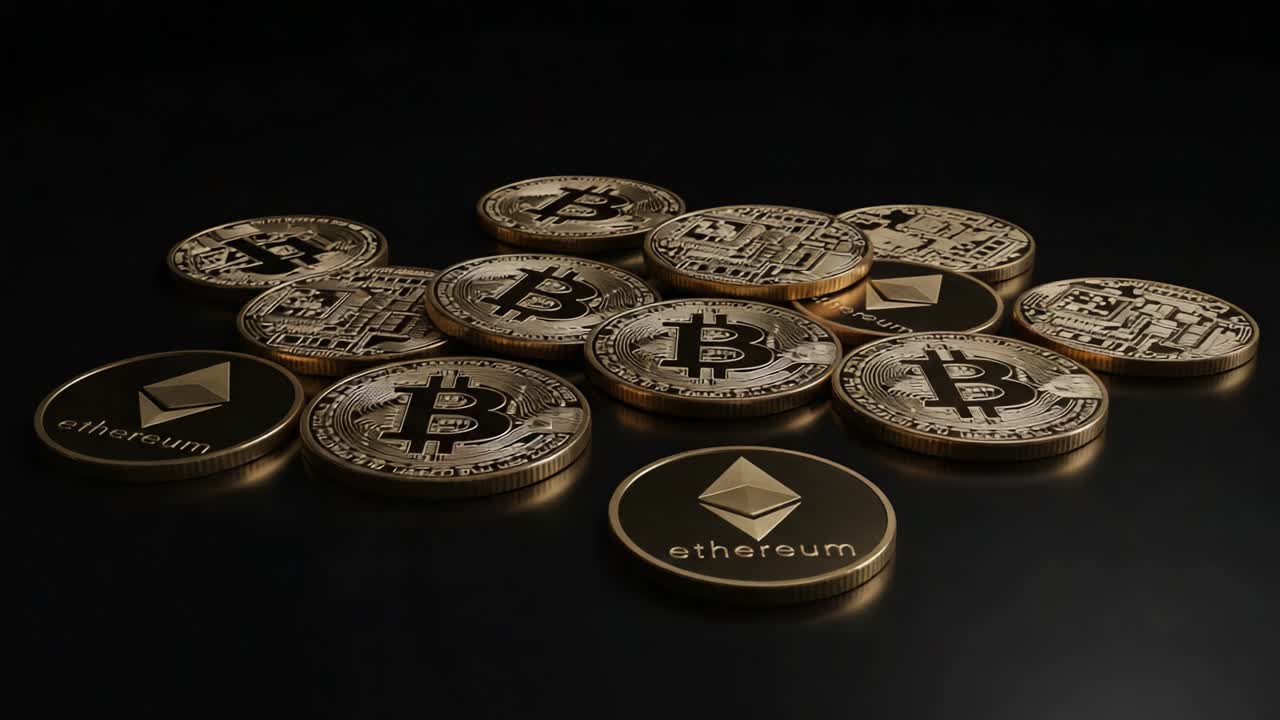 A Close-Up Look at Various Cryptocurrency Coins Including Bitcoin and Ethereum Displayed on a Dark Surface, Highlighting the Growing Digital Currency Trends