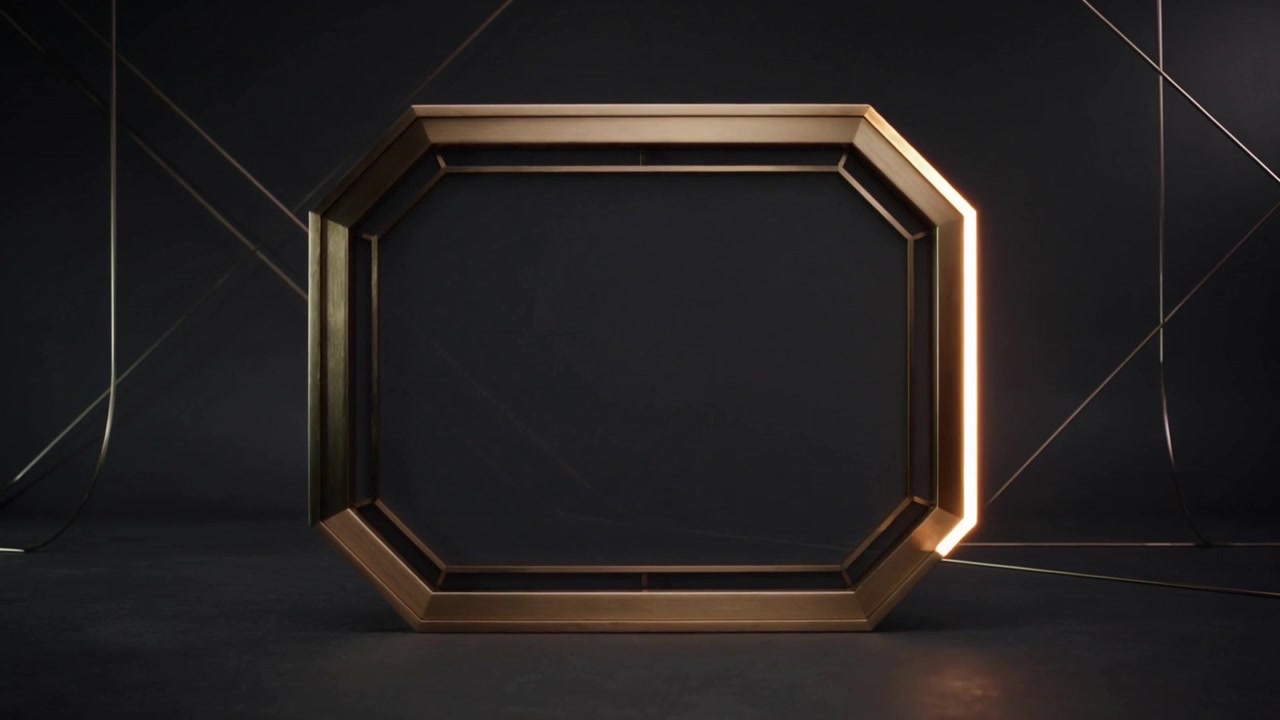 Bagliore in alto a sinistra che fa circolare una striscia LED lungo una cornice a 8 lati in uno studio con aste, proiettando un bagliore.