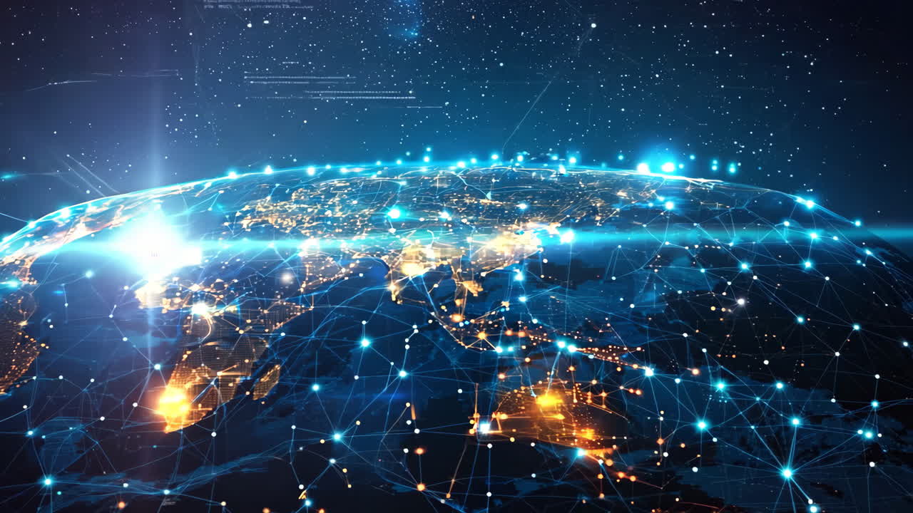 A blue and yellow globe with a network of lights on it. The lights are spread out across the globe, creating a sense of connectivity and interdependence. Concept of a global community