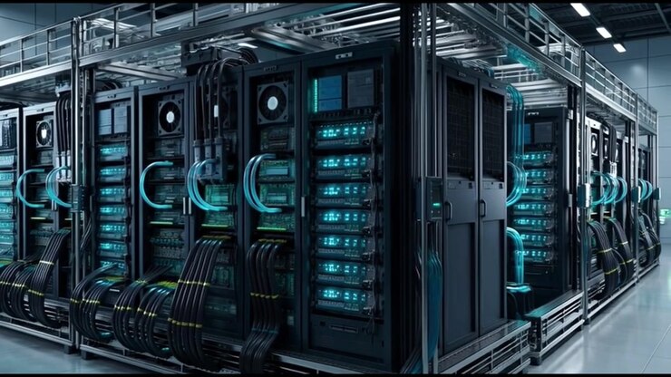 Modern Data Center Server Room with Glowing Blue Lights