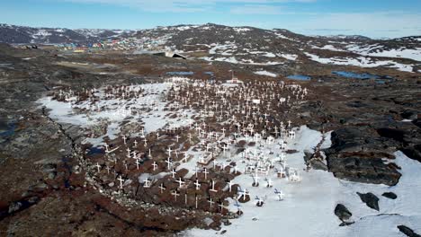 Historical-landmark-of-Ilulissat-cemetery,-tourist-attraction-and-Icefjord-Centre-in-Greenland