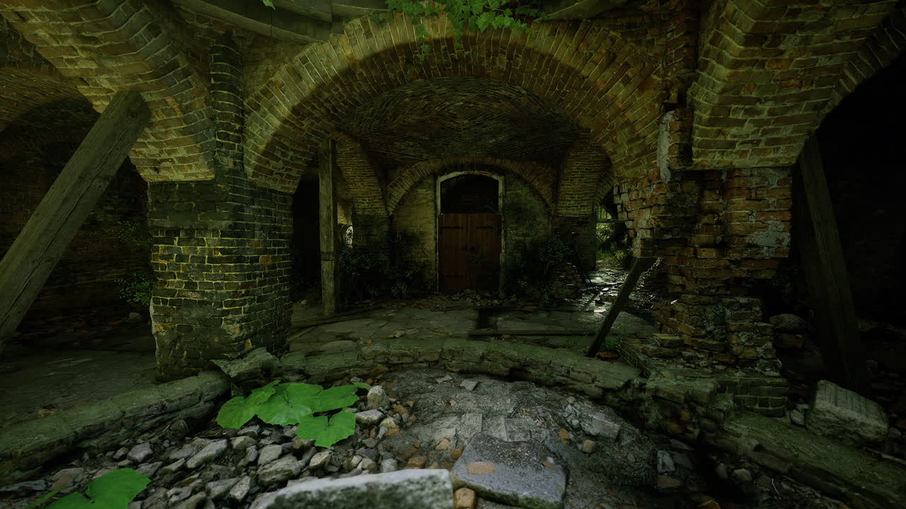 Arco de pedra envelhecida banhada por luz solar suave e vegetação exuberante