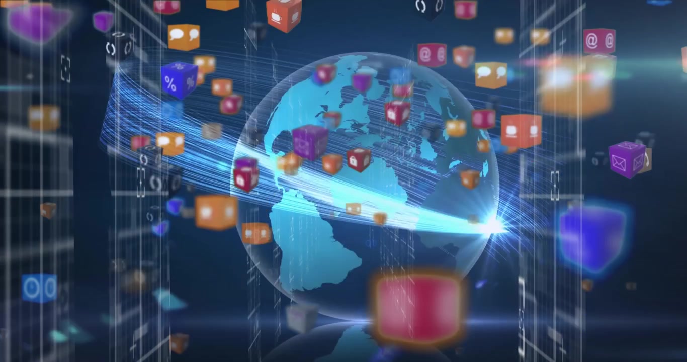 Animasi globe dengan jaringan koneksi, pemrosesan data, dan ikon