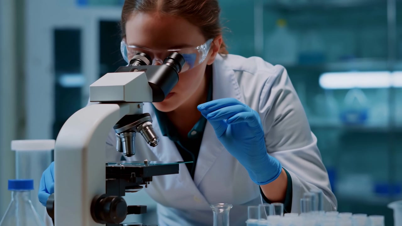 Le chercheur stabilise la lame sous les objectifs du microscope avant de regarder à travers les oculaires binoculaires, avec des éprouvettes et des flacons transparents disposés sur une paillasse de laboratoire éclairée.