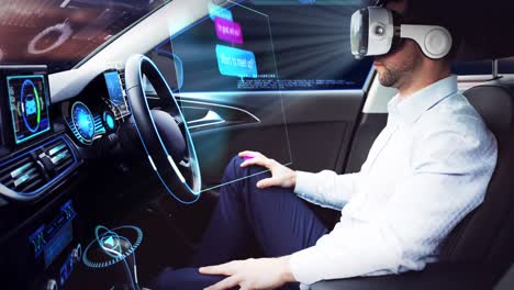 Animation-of-speech-bubbles-over-businessman-wearing-vr-headset-in-self-driving-car