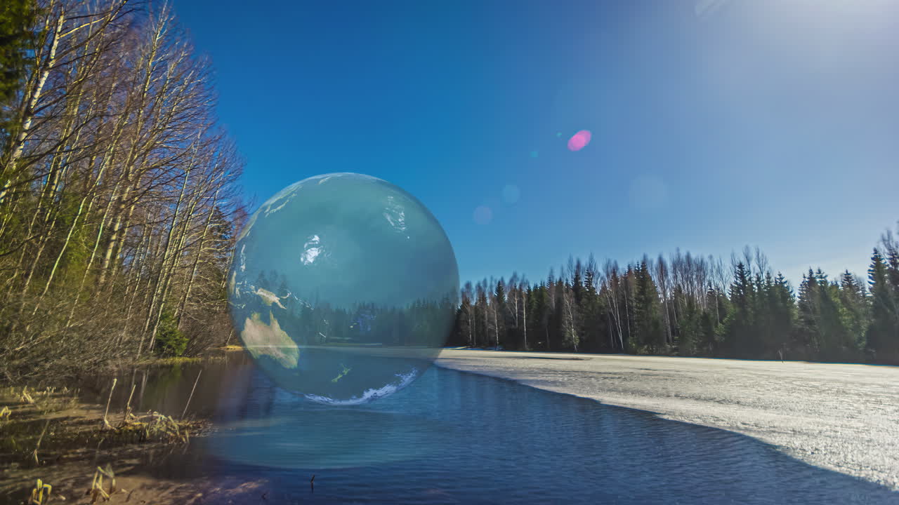 호수에서 녹는 얼음의 타임스, 렌더링 된 세계 지도와 함께 겨울 풍경