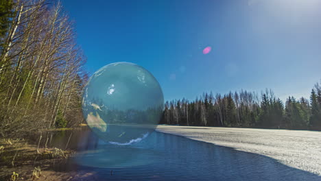 Timelapse of ice melting from a lake, winter landscape with a rendered world map