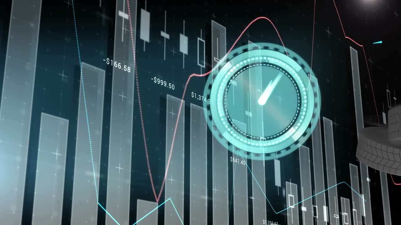 Animation of clock over statistics and financial data processing