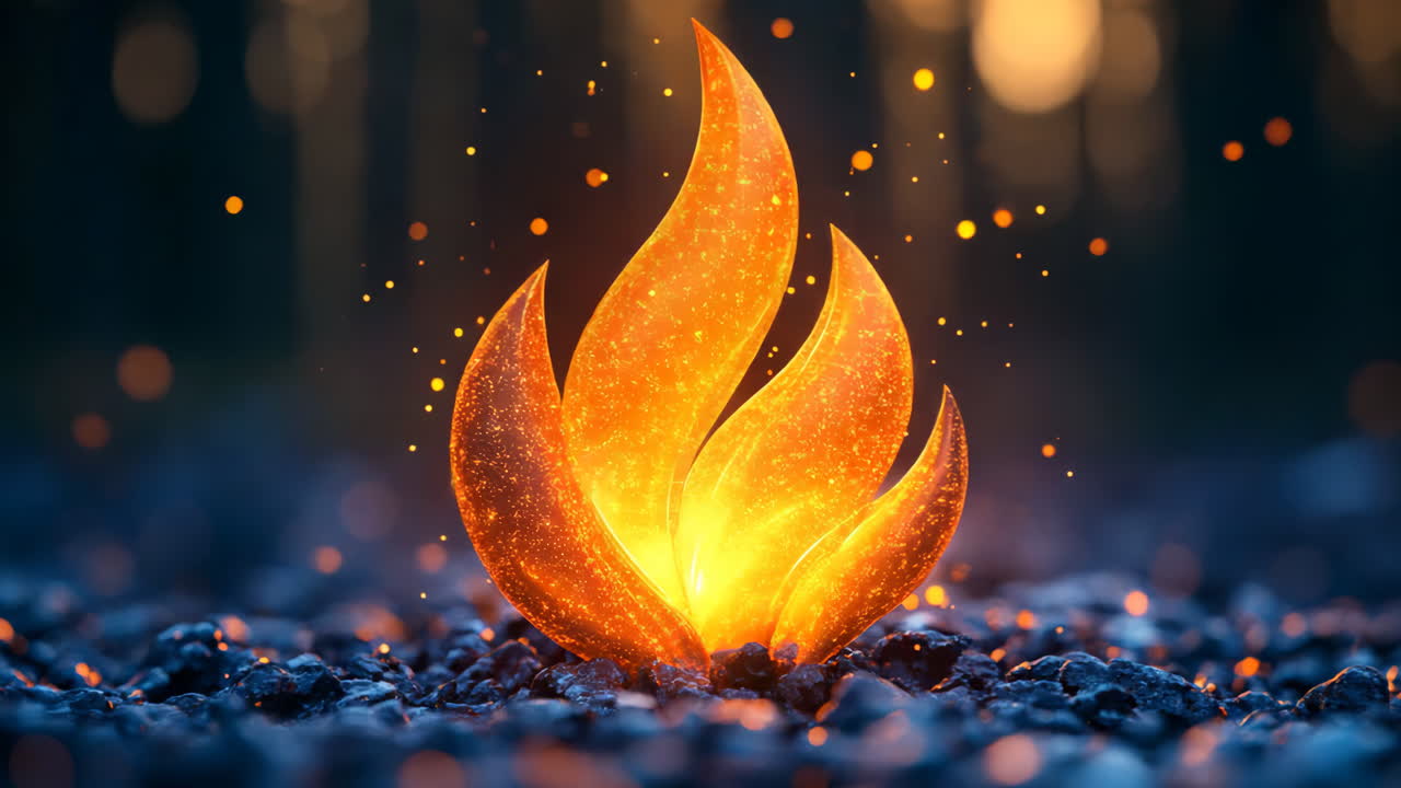 A fire is burning in the middle of a rocky field. The fire is orange and has a flame-like shape. The scene is dark and moody, with the fire casting a warm glow on the rocks