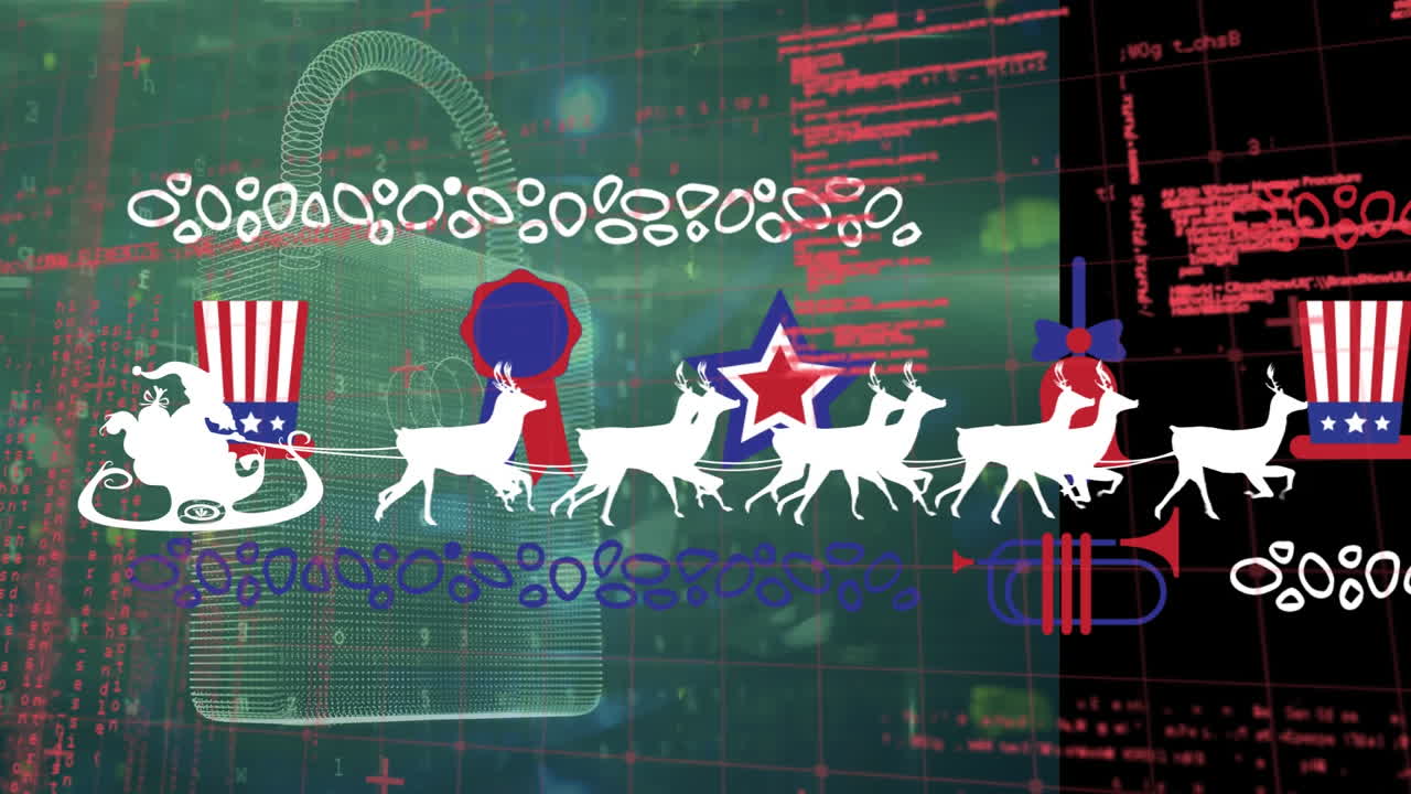 animación de santa claus en trineo sobre el procesamiento de datos y el candado