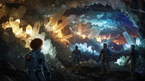 Exploring an Otherworldly Crystal Cave: Astronauts Discover Stunning Geodes in a Dazzling, Multicolored Underground World Full of Mystical Beauty and Hidden Secrets
