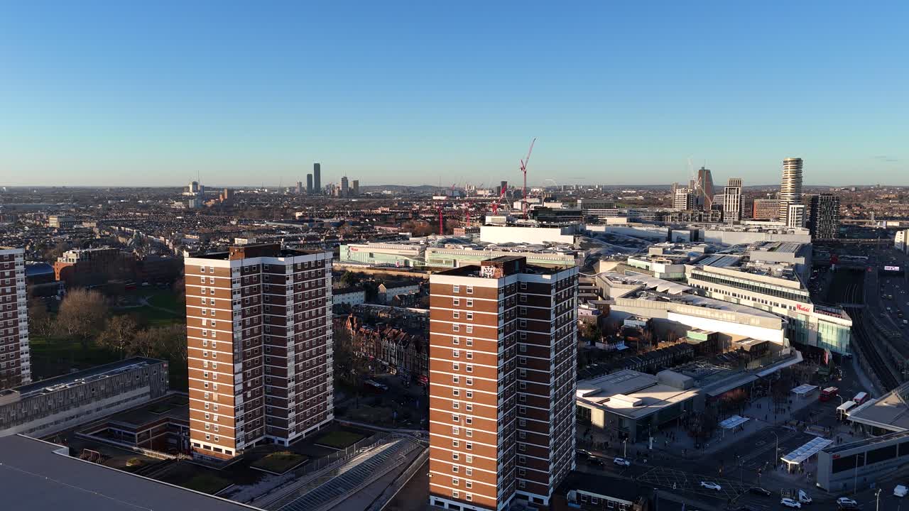 Tower blocks Sheppards Bush London UK Westfields shopping centre drone,aerial