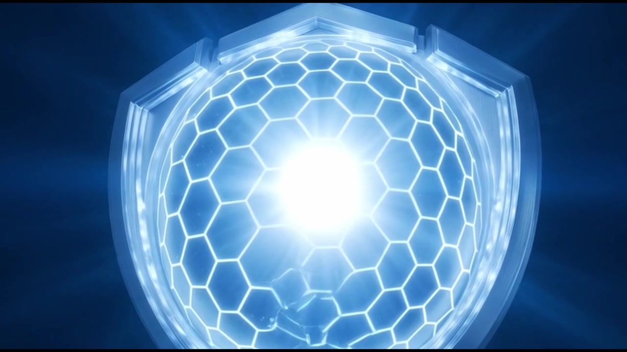 Scudo futuristico con nucleo energetico esagonale luminoso