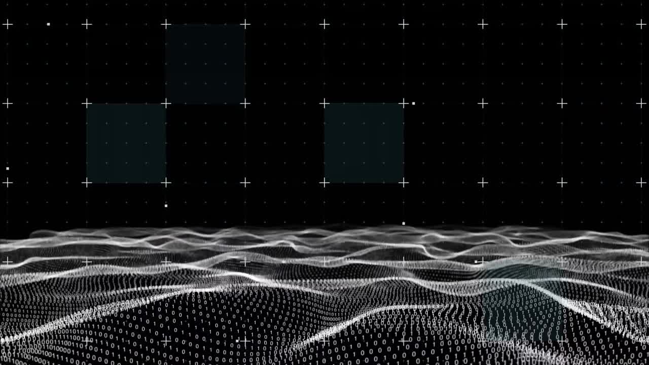 Animation of flickering blue squares with markers and waving mesh on black background