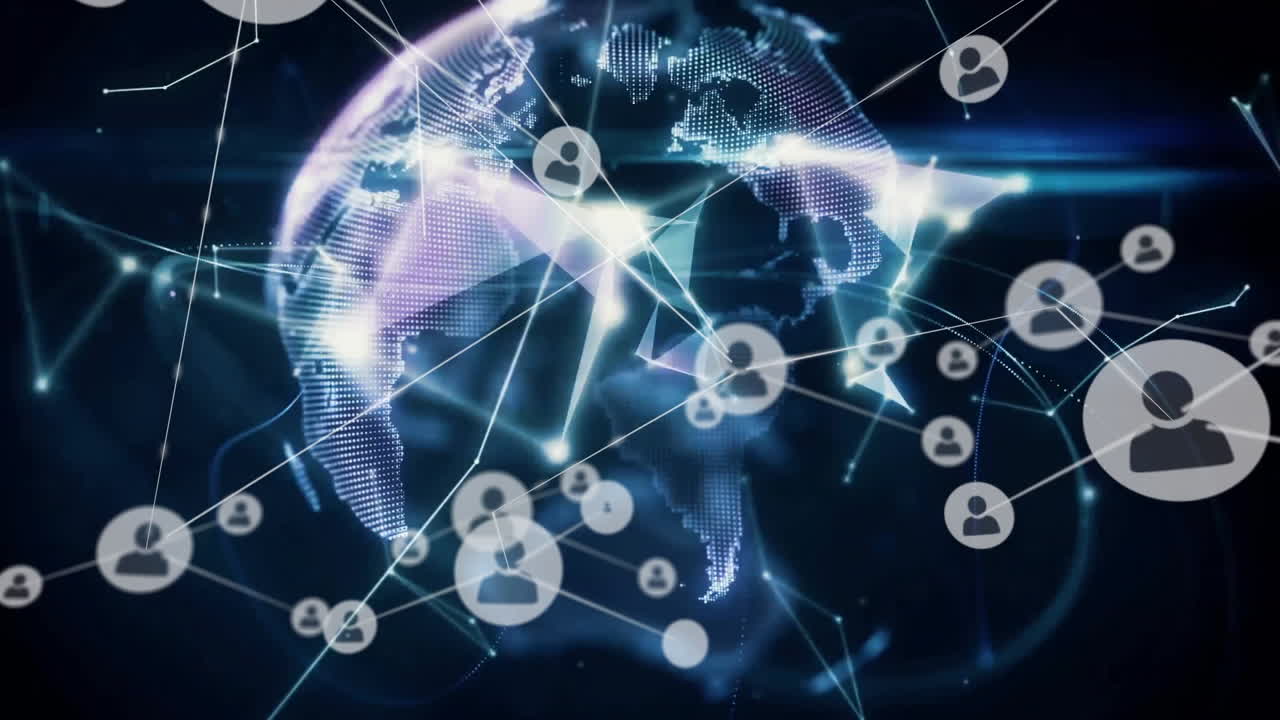 손과 지구상의 아이콘으로 연결된 네트워크의 애니메이션