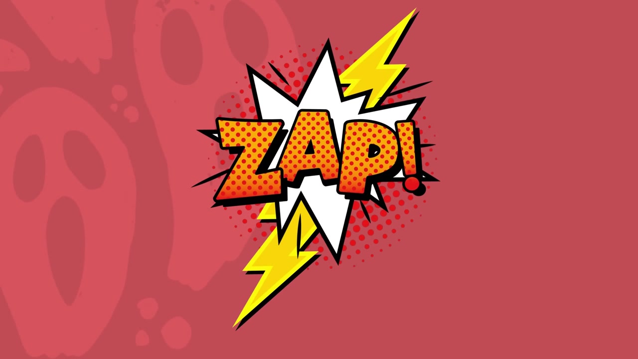 Illustrasjon av "zap"-tekst i tegneseriestil med et spøkelse på rød bakgrunn