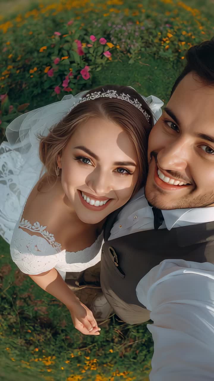 Dikey video: Selfie için poz veren gelin ve damat bahçede, damat telefonunu yeleğinin cebinde tutuyor