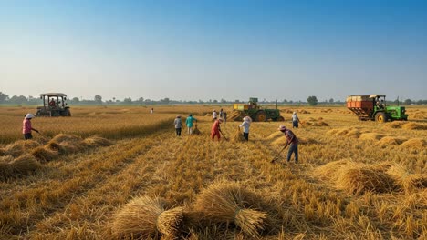 a bustling harvest scene: farmers collecting rice amidst modern tractors in a golden grain field under the clear blue sky
