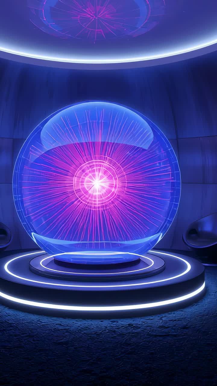 Vertical video: Powering up energy orb pulsing on pedestal inside chamber, channeling energy output