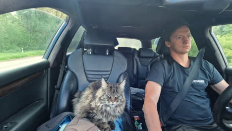 Young-man-driving-with-cat-inside-and-overtaking-semi-truck,-portrait-view