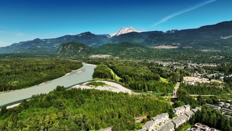 idyllic mountains and river in squamish, northern vancouver, british columbia, canada - aerial shot