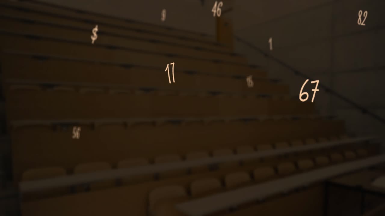 빈 학교 계단에 떠다니는 수학적 숫자와 기호의 디지털 구성