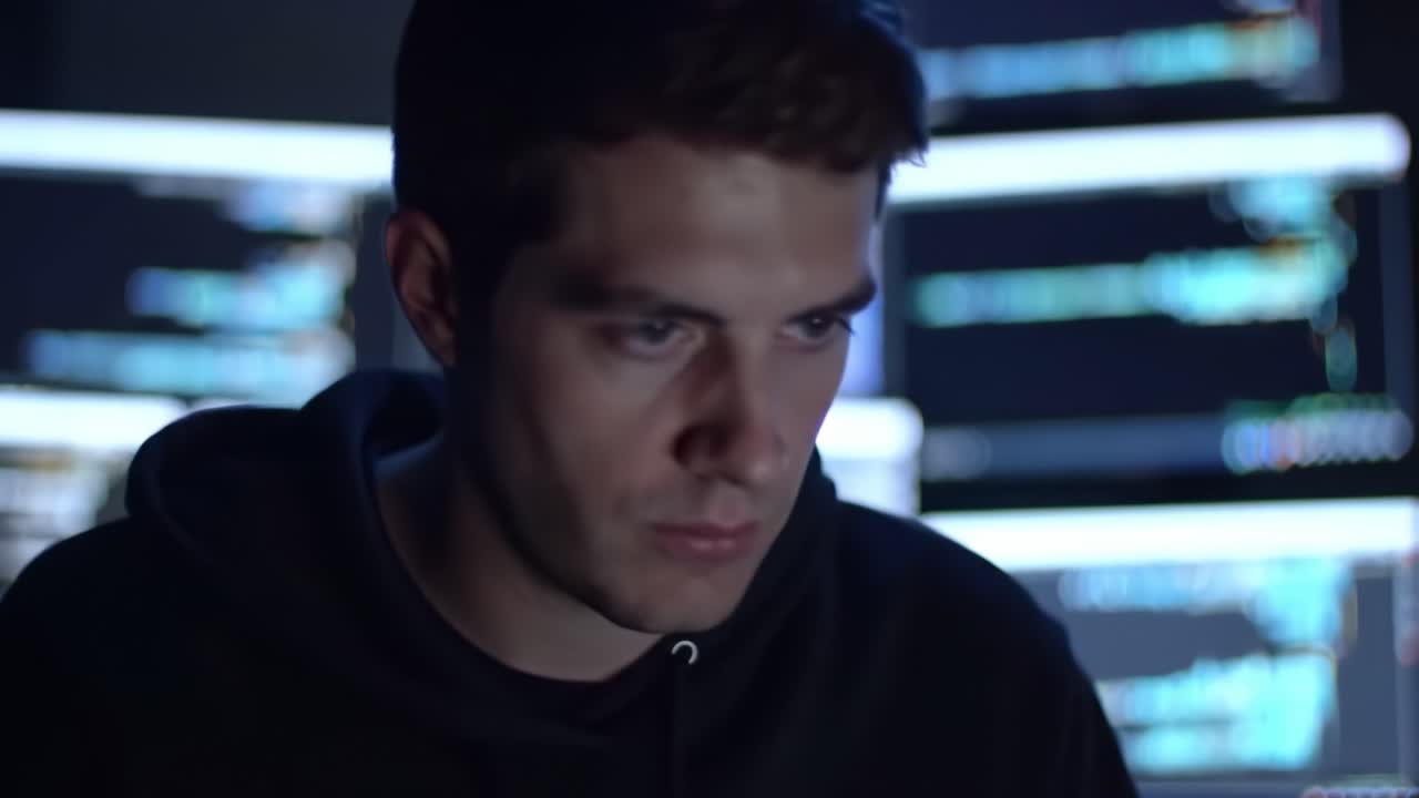 A Focused Individual Analyzes Data on Multiple Screens, Capturing the Essence of Modern Technology and Digital Environments in a High-Tech Setting