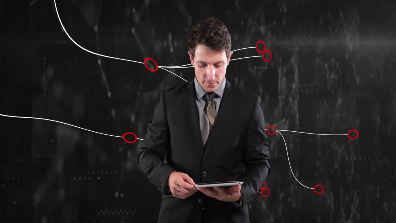 블랙 배경에 라인을 가진 태블릿을 사용하는 코카시안 사업가의 애니메이션