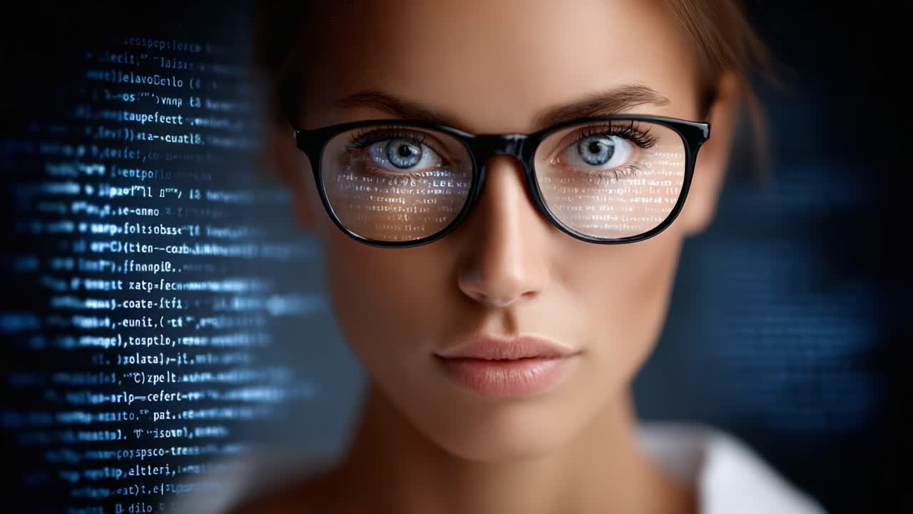 A Close-Up Portrait of a Young Woman with Glasses, Analyzing Data Reflected in Her Lenses, Against a Background of Code and Digital Patterns