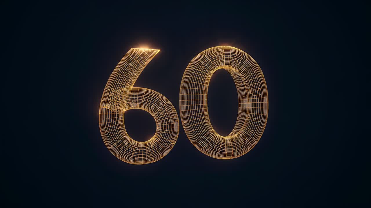 Rendering golden 3D wireframe numeral 60 growing grid strands and blooming warm halo in dark void